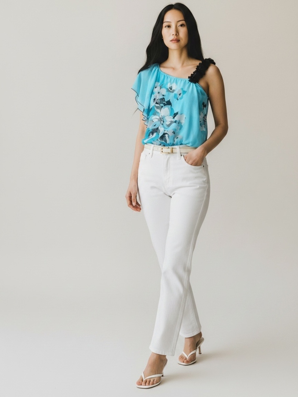 Ricki’s Sheer Floral Print One Shoulder Blouse Bubble Hem Blue Black White Small